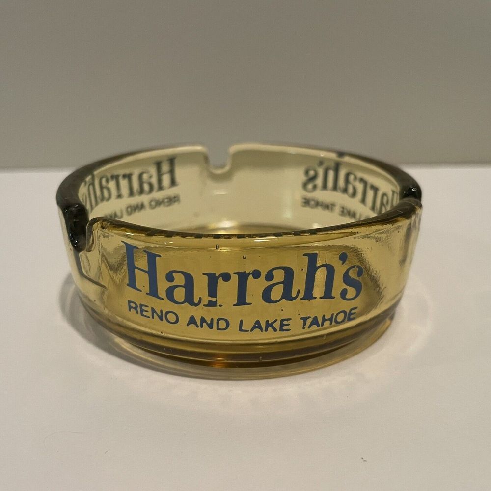 Vintage 1960s Harrah's Reno and Lake Tahoe Ash Tray in Amber w/ Blue‎ Lettering